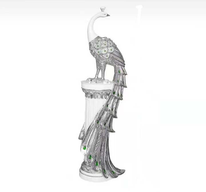 Peacock Ornaments - White/Silver with Green Glass Diamonds decoration